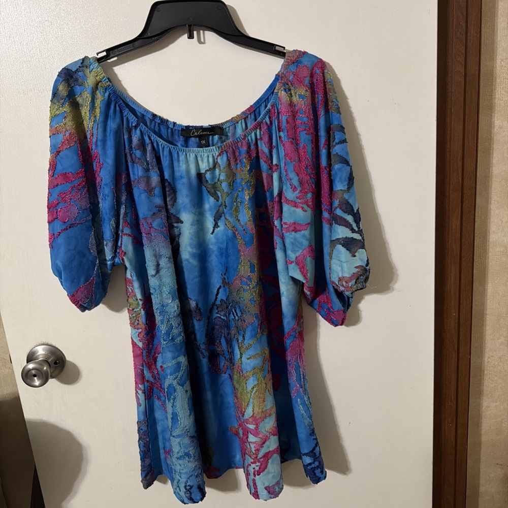 Calessa Tunic Blue Pink Burn Out Knit Texturized Knit Pullover Top Sz 1X Plus